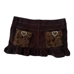 Upcycled Corduroy Micro Mini Skirt Real Fur Pockets Brown Y2K Mob Wife Festival